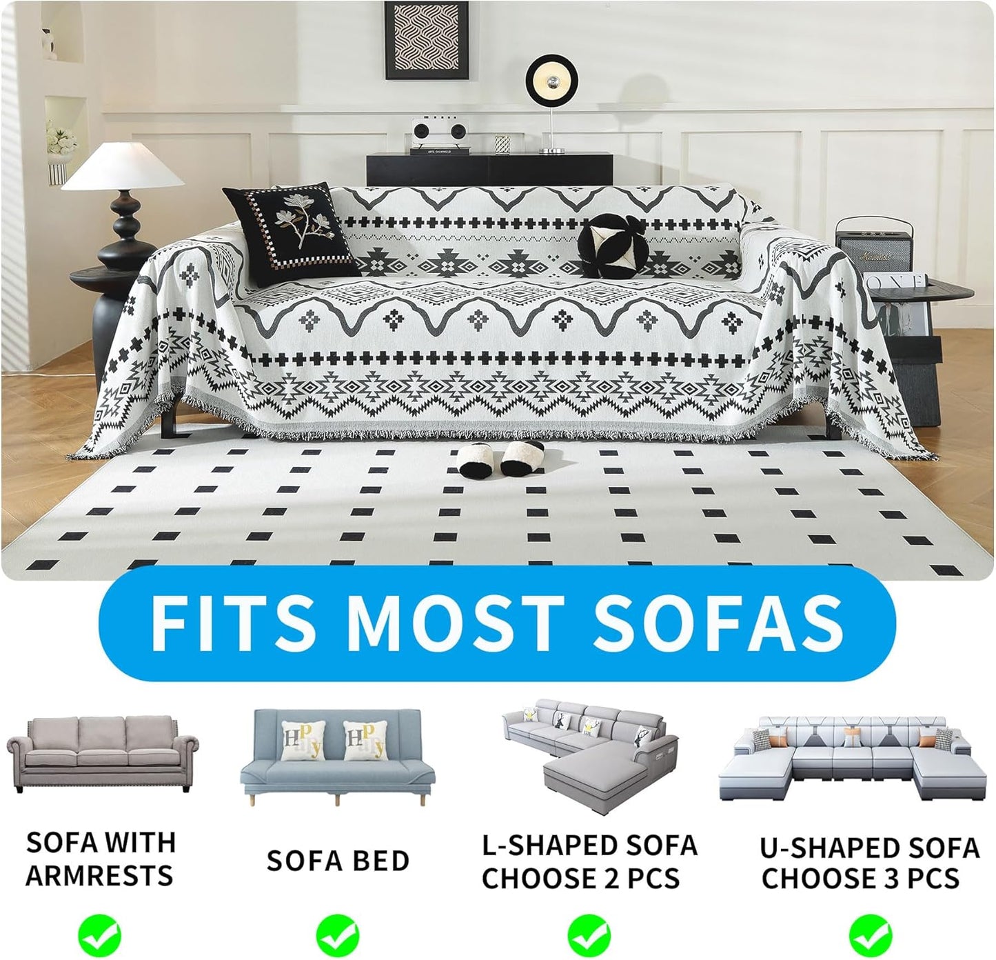 LUFEIJIASHI Boho Couch Covers for Sofa Non Slip Sofa Covers Washable Couch Covers for 3 Cushion Couch Sofa Pet Friendly Sectional Couch Cover Blanket Furniture Protector for Dogs (Black, 91"x150")