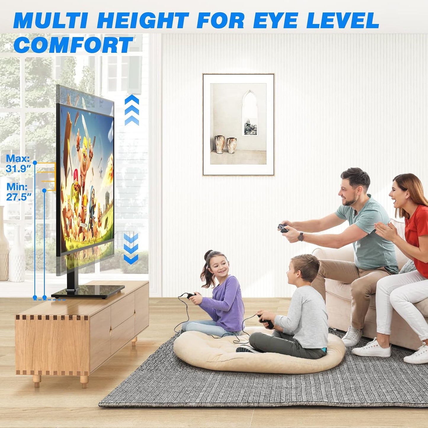 Rfiver Universal Swivel Table Top TV Stand for 37 to 65, 70 75 inch TVs, Height Adjustable Table Top TV Stand Mount with Tilt, Heavy Duty TV Replacement Stand with Tempered Glass Base Up to 110lbs