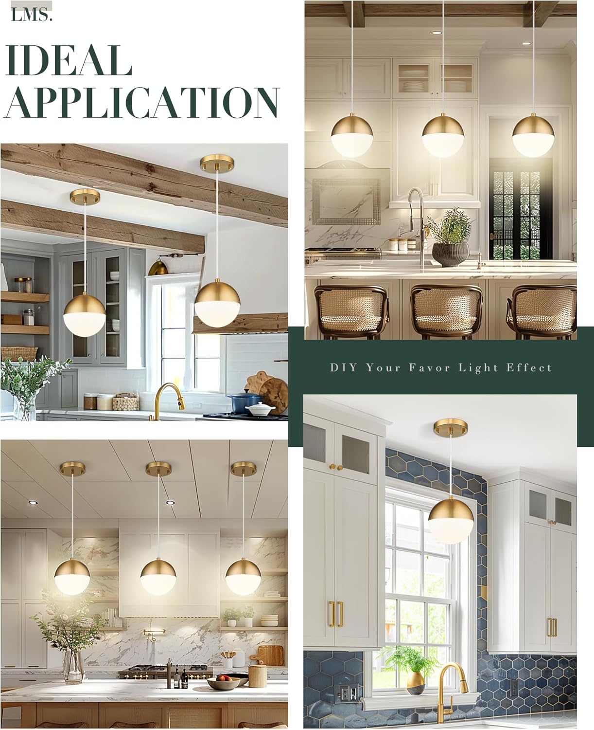 LMS Mid Century Pendant Lights, Brushed Gold Kitchen Island Light Fixtures with White Globe Glass Shade, Adjustable Hanging Cord, 2-Pack for Home Office Dining Room Bathroom, LMS-186PL-BGWS2PK