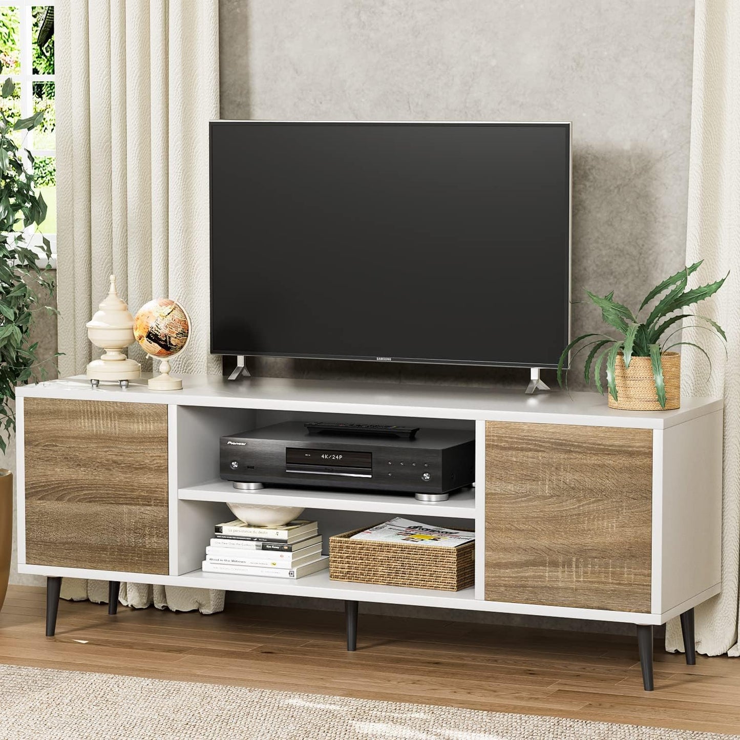 YESHOMY Modern TV Stand for 65" Television, Entertainment Center with Two Storage Cabinets, Retro Style Media Console for Living Room, Bedroom, Office, 58 Inch, Light Brown
