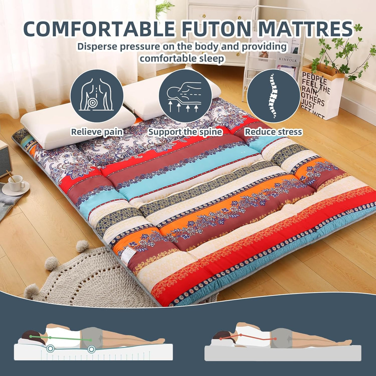 Bohemian Retro Japanese Floor Mattress, Vintage Floral Tatami Floor Mat, Portable Roll up Futon Mattress for Guest,Tavel (B,Twin 80" x 36")