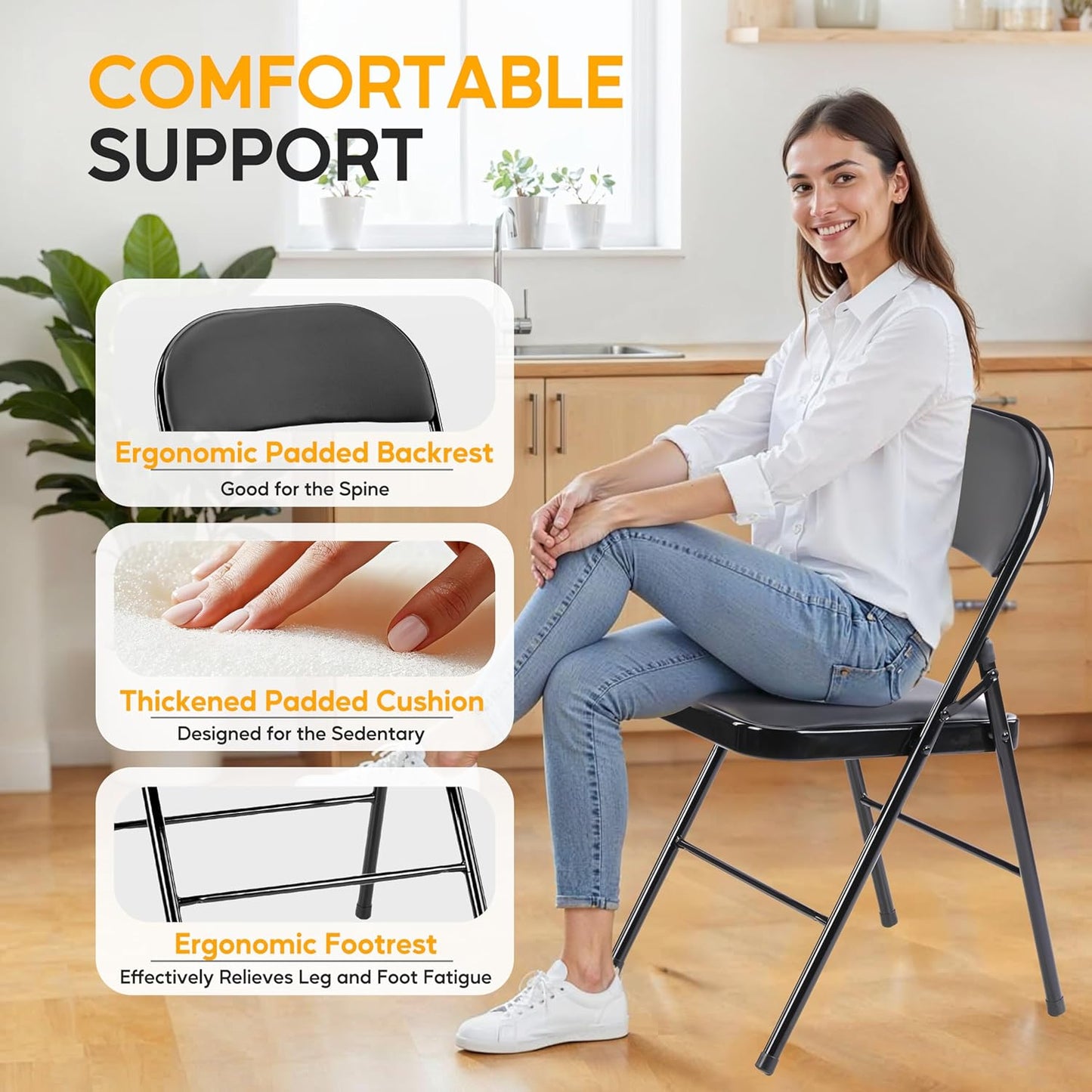 HealSmart 4 Pcs Folding Chairs with Leather Padded Cushion Seats, Back & Sturdy Metal Frame, Stackable, Portable, Commercial Event Seat, Indoor Outdoor for Parties, Home Event, Office, Black