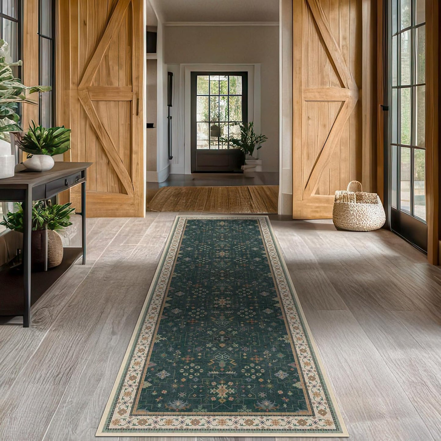 Dark Green Kitchen Rug 12 ft Long - Modern Vintage Boho Eclectic Floral with Brown Accent, Washable Low Pile Non-Slip Extra Long Wide Runner Rugs for Hallway, 3x12
