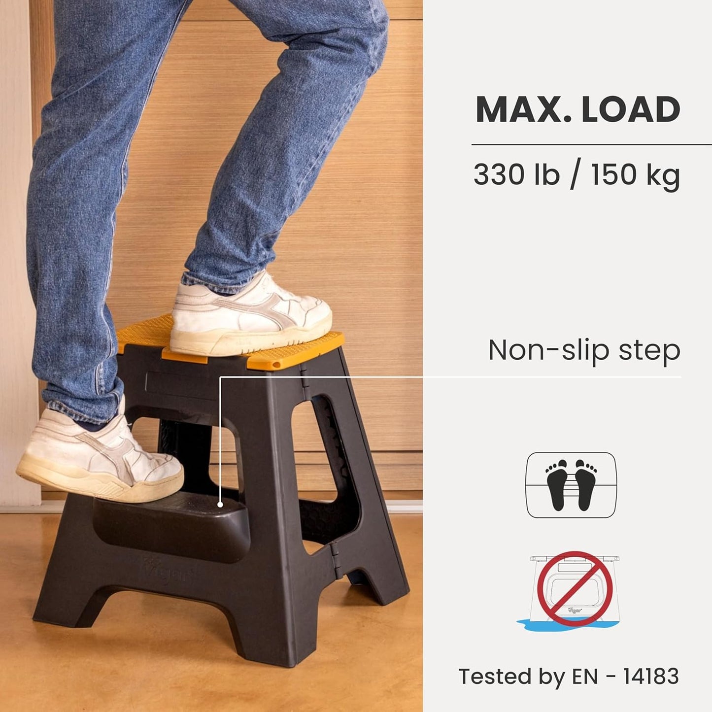 Vigar Compact Step Stool Foldable, 16-inch Two-Step Stools for Adults up to 330 Pound, Lightweight Stool, Non-Slip Folding Step Stool, Black, Bamboo Print on Top