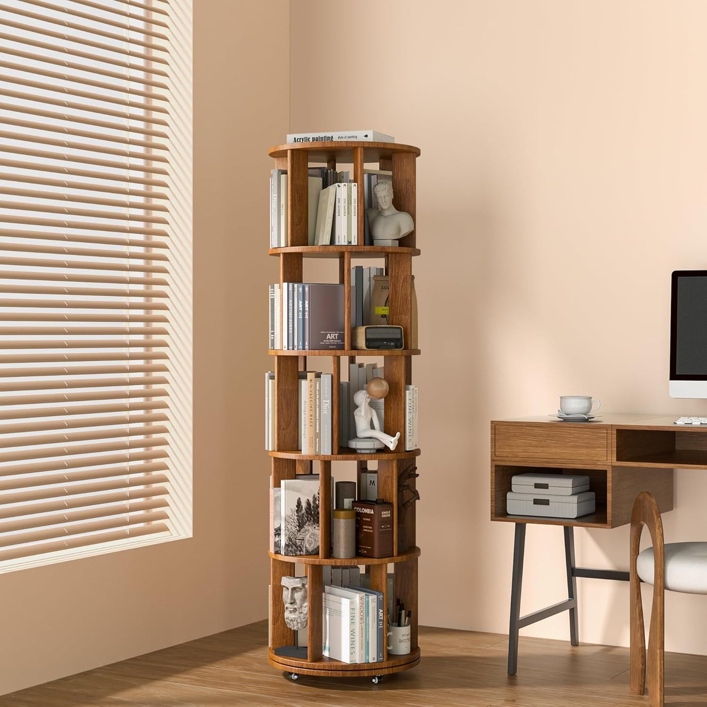5 Tier Rotating Bookshelf Tower Spinning Bookshelf with Swivel Wheels Book Shelf Rotating Storage Tower for Kids Adult Narrow Walnut Solid Wood Revolving Bookcase Organizer for Bedroom Living Room
