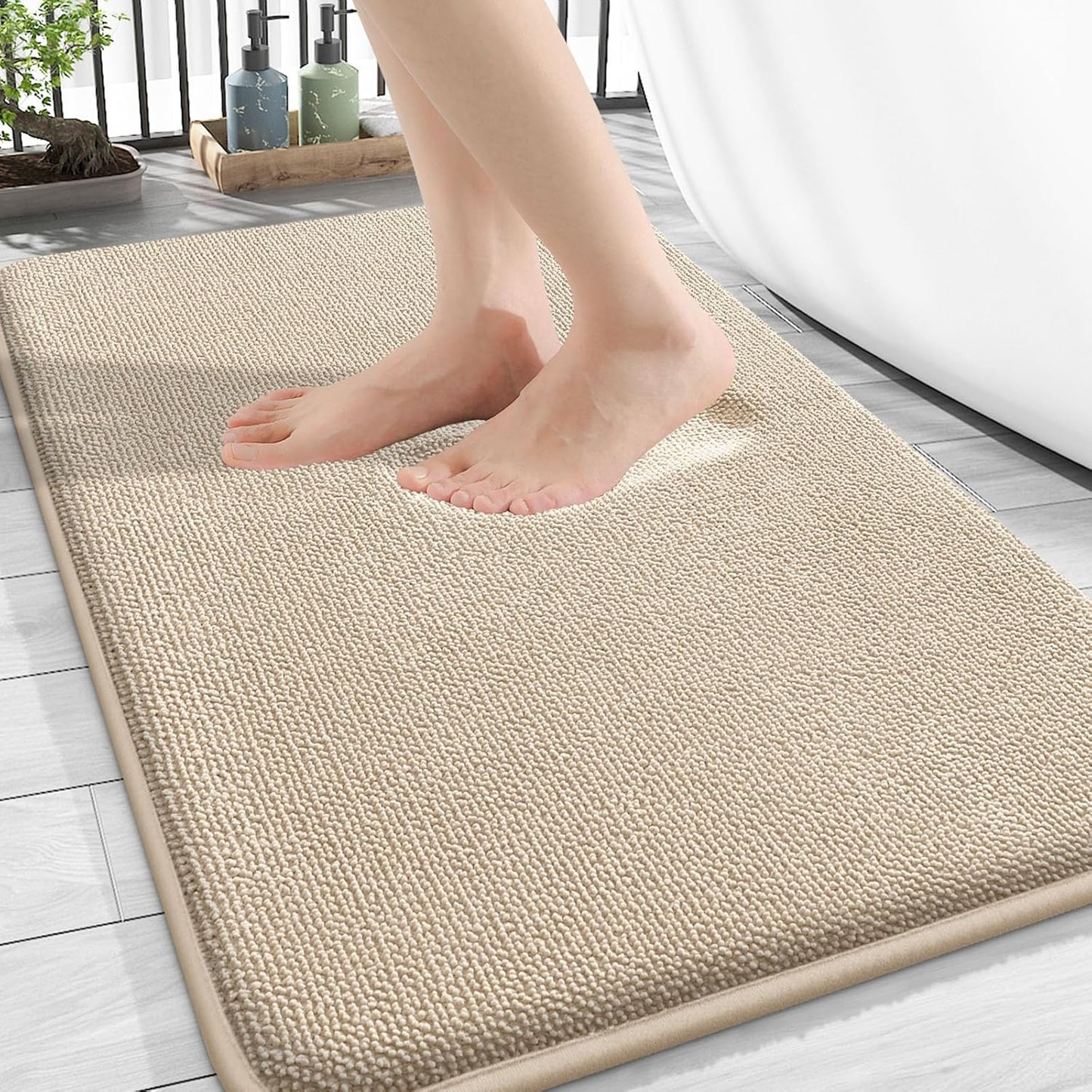 OLANLY Thick Memory Foam Bath Mat Rug 34x21, Extra Soft Absorbent Bathroom Rug, Quick Dry Bath Mats, Non-Slip, Machine Washable Carpet for Bathroom, Tub and Shower, Home Decor Accessories, Beige