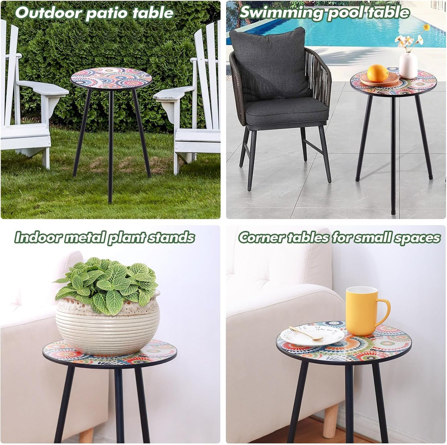 1 Pack Metal Mosaic Round Side Table 13.4" Small End Corner Tables for Patio Round Accent Garden Table for Small Spaces for Garden, Balcony, Plant Stand Indoor Outdoor