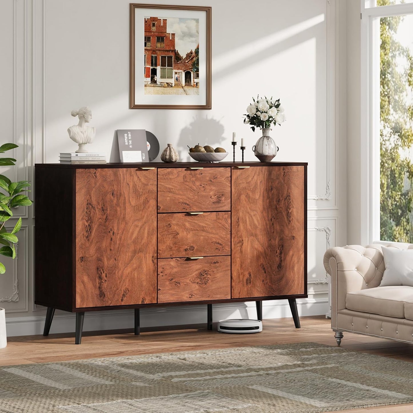 GarveeHome Buffet Cabinet with Drawers, 51.2'' Large Sideboard Buffet Credenza Storage Cabinet with Shelves and Doors, Coffee Station Cabinet with Metal Handle, Robot Vacuum Friendly (Walnut)