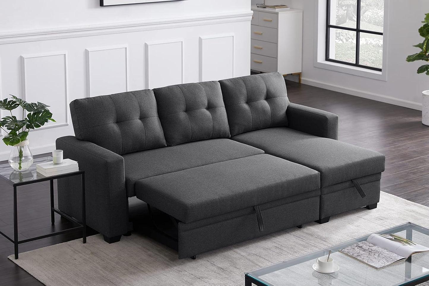 Devion Furniture Philly 4-in-1 Convertible L Shaped Couch with Pull Out Bed and Storage, Sectional Sleeper Sofa with Reversible Chaise for Living Room, Apartment, Bedroom, Office