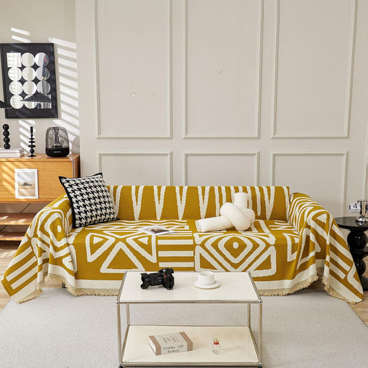 STACYPIK Mustard Yellow Boho Sofa Cover Couch Cover Reversible Jacquard Furniture Protector for 3 Cushion Couch L Shaped Sofa Slipcover Non-Silp Sofa Cushion Covers for Sectional with Tassels-91X118IN