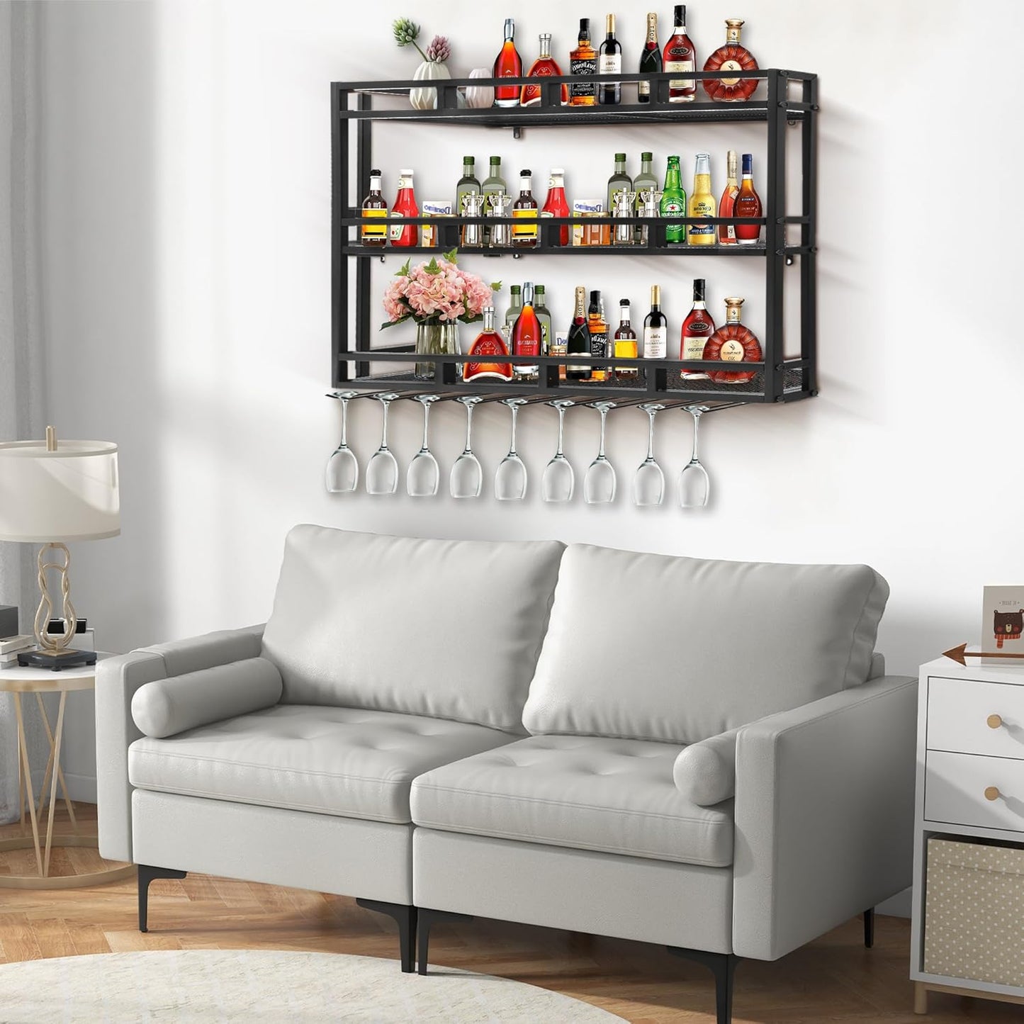 Metal Wine Rack Wall Mounted, Bar Shelves for Liquor Bottles with LED Light, 3 Tier Large Capacity Liquor Rack Wall Mounted with Glass Holder for Home Bar & Dining Room （Black, 59in/150cm）