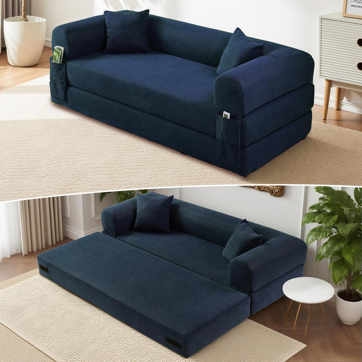 80" Convertible Sofa Bed, Corduroy Deep Seat Folding Pull Out Couch with Pillows, No Assembly Modern Boneless Couch Compression Sofa in Box, Floor Sofa with Storage Pocket for Living Room,Navy Blue