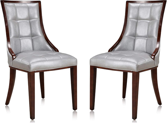 Manhattan Comfort Fifth Avenue Faux Leather Dining Chairs, Parsons Accent Furniture with Padded Wingback Seat, Fine Rectangular Stitching and Solid Beech Wood Frame, Set of 2, Silver