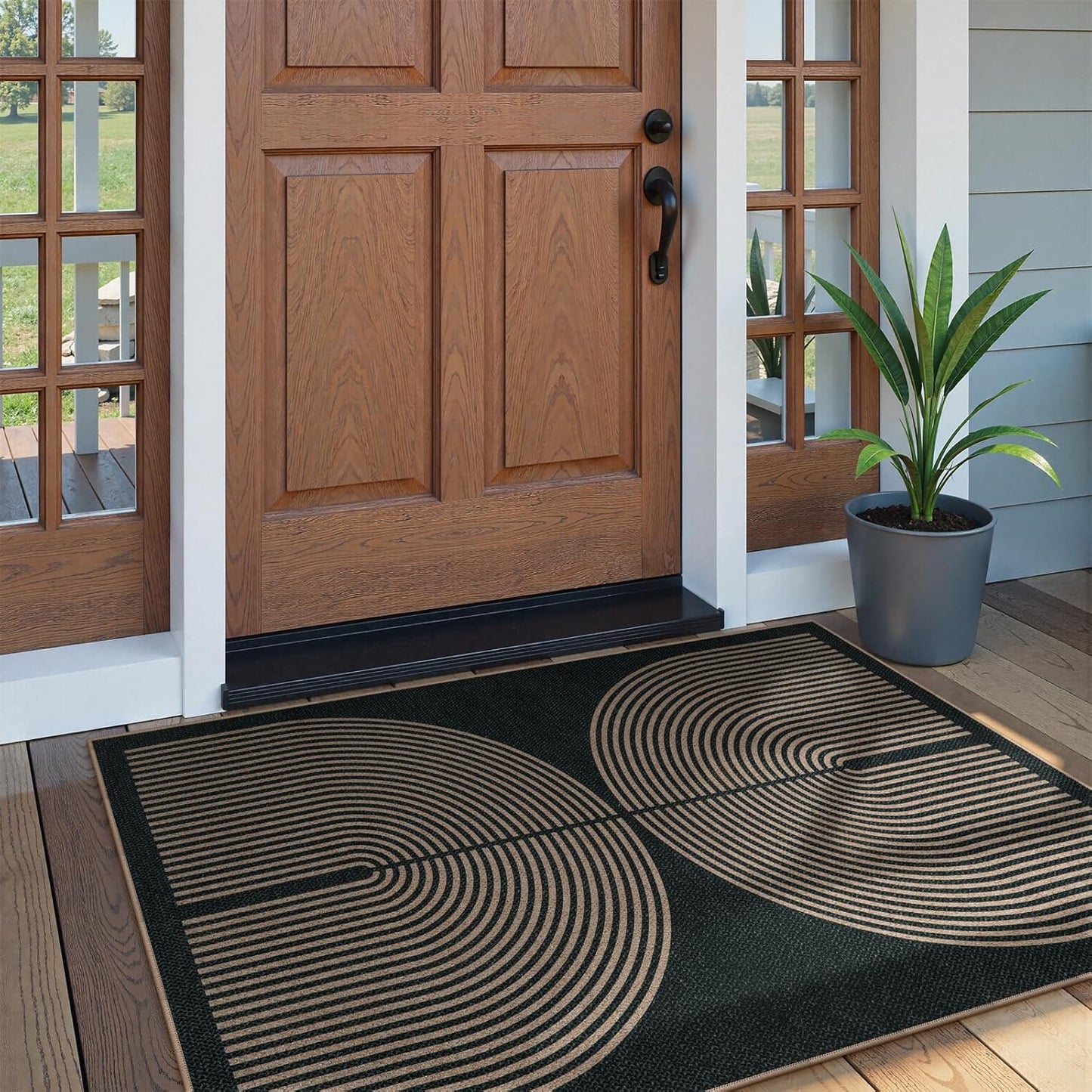 Lahome Modern Rainbow Easy Jute Outdoor Patio Rug, 3x5 Black Washable Rugs for Entryway Office Farmhouse Classroom Carpet, Contemporary Non Slip Front Door Mat for Porch Guestroom Room Decor