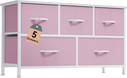 DWVO Dresser for Room with 5 Drawers - Fabric Storage Tower, Long Fabric Dresser, Organizer Unit for Closet, Hallway