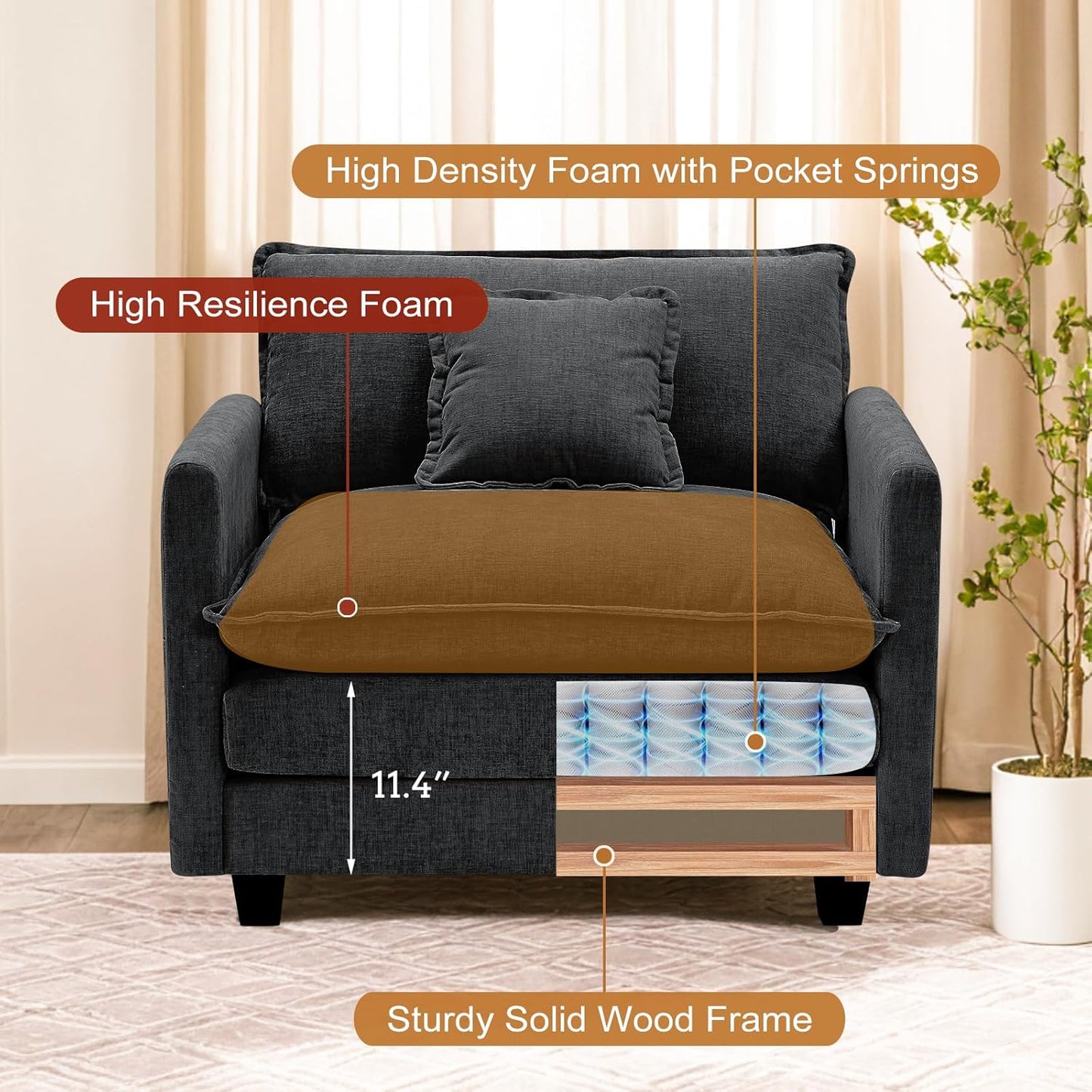 Furniliving Oversized Accent Chairs with Ottoman, Luxury Chenille Single Sofa Couch, Upholstered Deep Seat Chaise Lounge with Pillows for Living Room, Bedroom, Apartment, Black