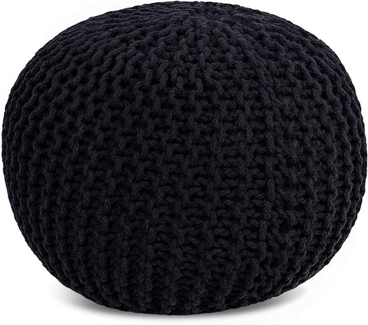 FRELISH DECOR Round Pouf Ottoman Hand Knitted 100% Cotton Pouf Foot Stool - Knitted Bean Bag - Floor Chair for Living Room Bedroom - Foot Rest for Couch (20 Diameter x 14 Height) - Black