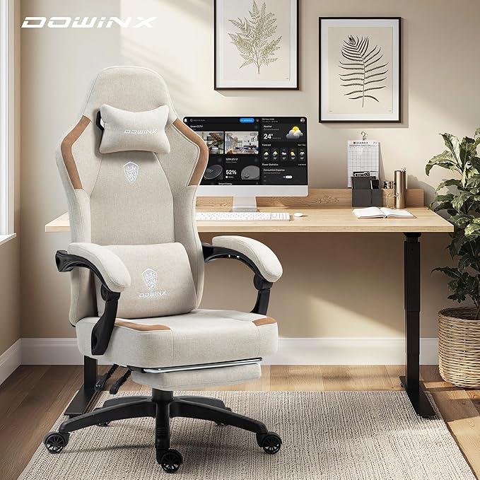 Dowinx Fabric Gaming Chair with Pocket Spring Cushion,Breathable Computer Chairs with Massage Lumbar Support and Footrest,High Back Game Office Chair for Adult,Beige