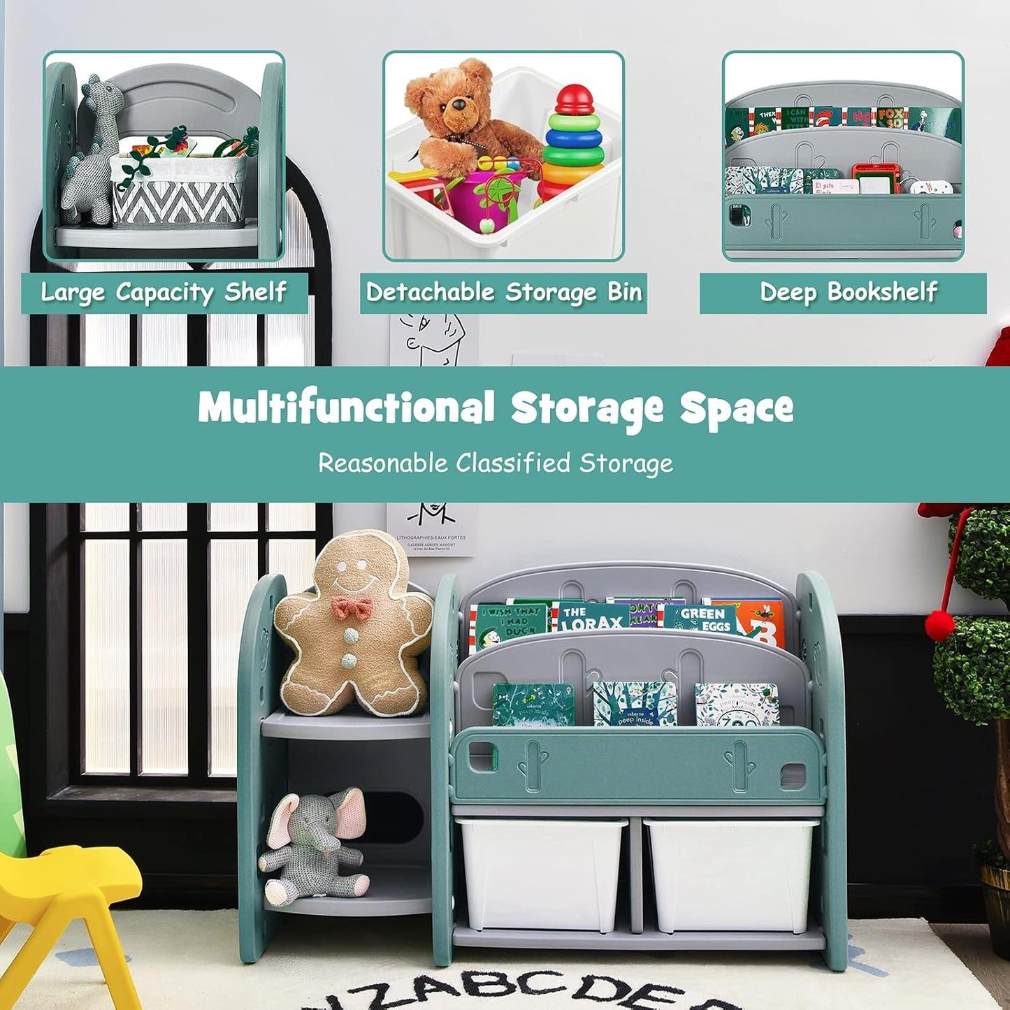 Costzon Kids Toy Storage Organizer, Toddler Bookshelf Cabinet w/ 2-Tier Bookshelf, 2 Shelves, 2 Removable Bins, Children Bookcase Display Book Rack for Kids Room Bedroom Playroom Furniture (Green)