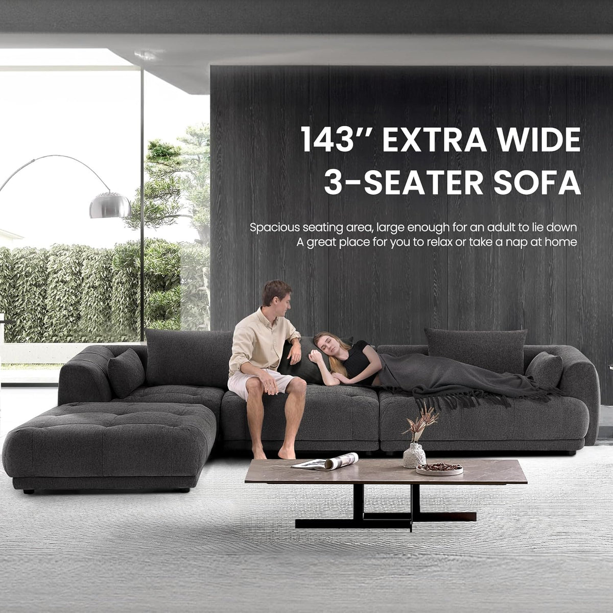 COLAMY 144" Modular Sectional Chenille Couch with Ottoman, Cloud Sectional Sofa Set with Ottoman,for Living Room(Gray)