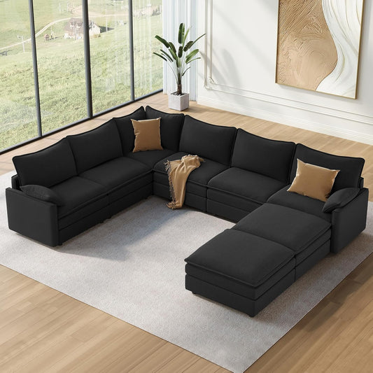 Vesgantti Large Modular Sectional Sofa, Big Comfy Cloud Couch with Ottoman Deep Seat Chenille Cloud Sofa, 8 Seater Large Sectional Couches for Living Room, Bedroom and Apartment, Black