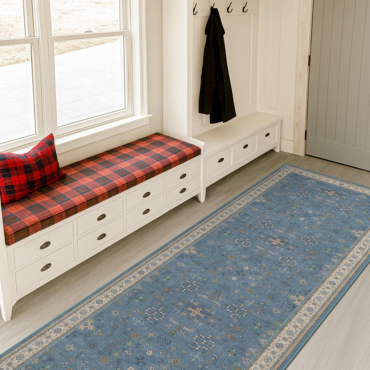 Blue Boho 2'6''x8' Wide Hallway Runner Rug - Washable Kitchen Sink Rug, Non Slip 8ft Long Runner Rug for Entryway, Colorful Modern Floral Print Home Décor