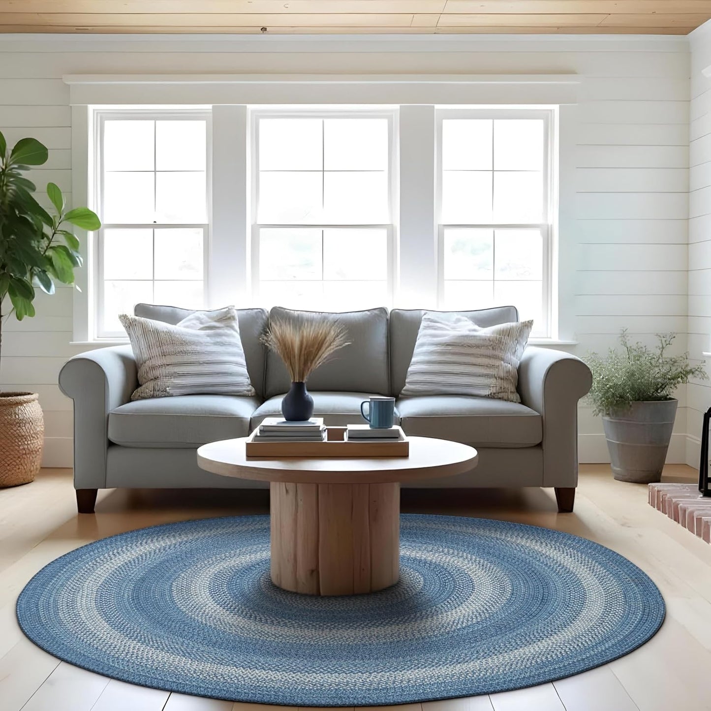 Denim Blue Round Braided Rug, Jute, 6' - Perfect Coastal Country Decor for Living Room, Dining Room, Everywhere