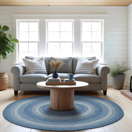 Denim Blue Round Braided Rug, Jute, 6' - Perfect Coastal Country Decor for Living Room, Dining Room, Everywhere