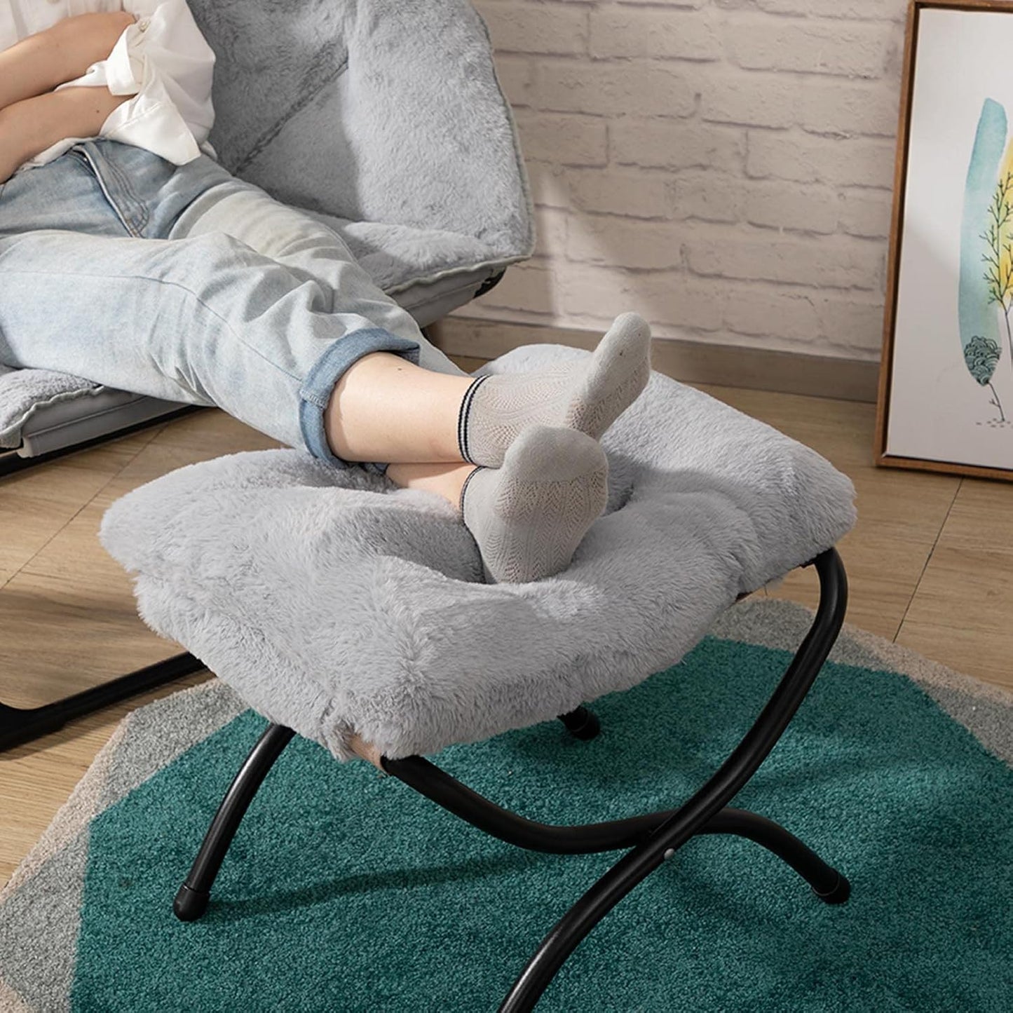 HollyHOME 15"(H) Folding Footrest Stool, Upholstered Small Foldable Ottoman, Accent Padded Sofa Foot Stool for Lazy Chair, Metal Frame Portable Foot Rest Ottoman for Home, Living Room, Bedroom, Grey