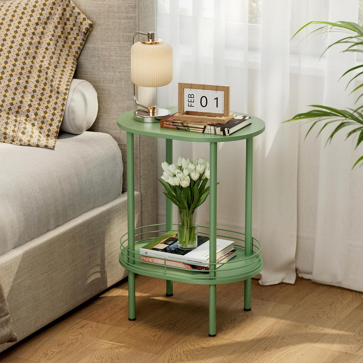 Round Side Table Set of 2,Bedside Table with Storage, Morden Round Nightstand, Samll Side Table for Living Room，Bathroom，Bedroom, Nursery, Laundry, Green