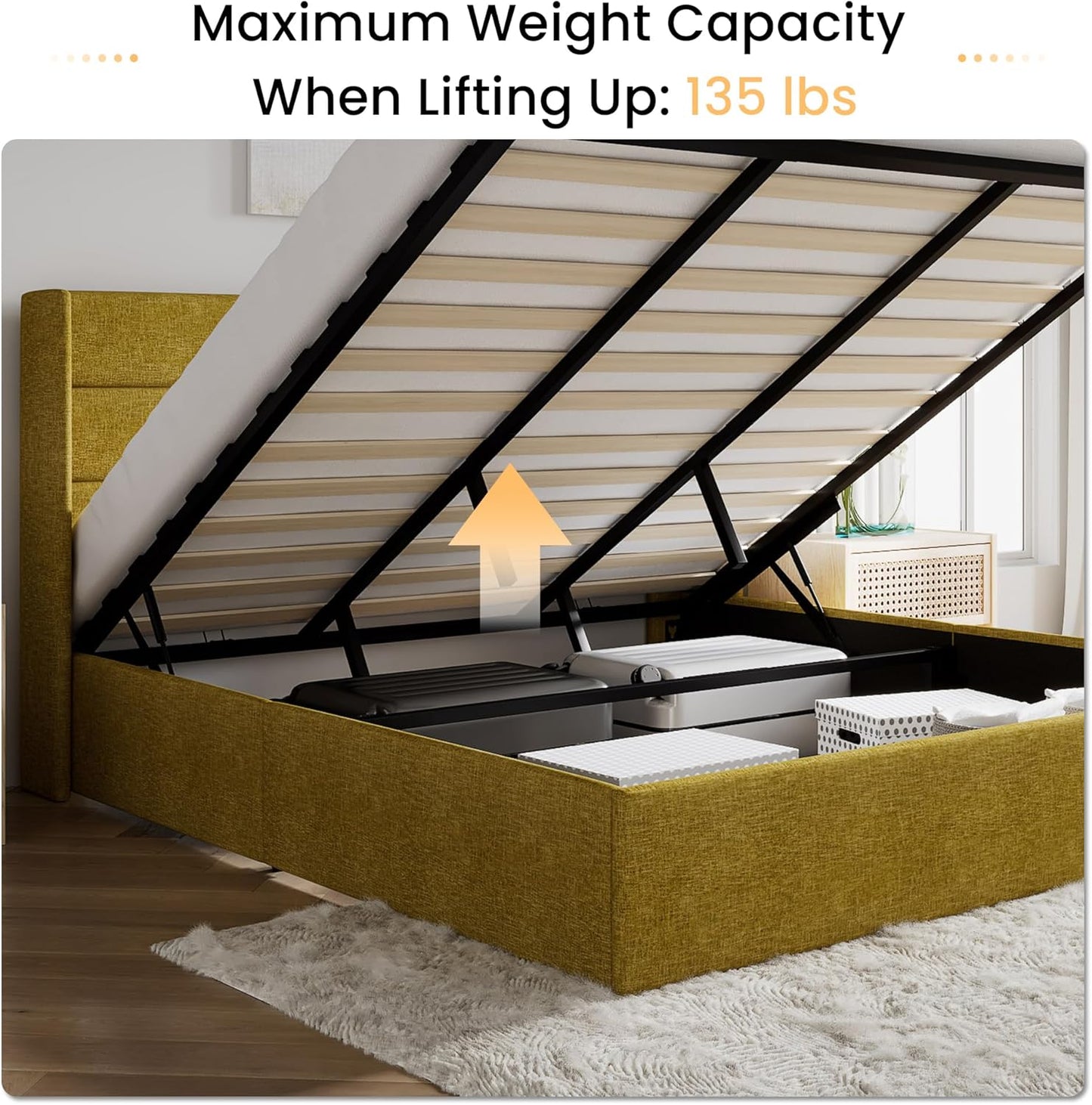 SHA CERLIN King Size Lift Up Storage Bed/Modern Wingback Headboard/Upholstered Platform Bed Frame/Hydraulic Storage/No Box Spring Needed/Wood Slats Support/Olive Yellow