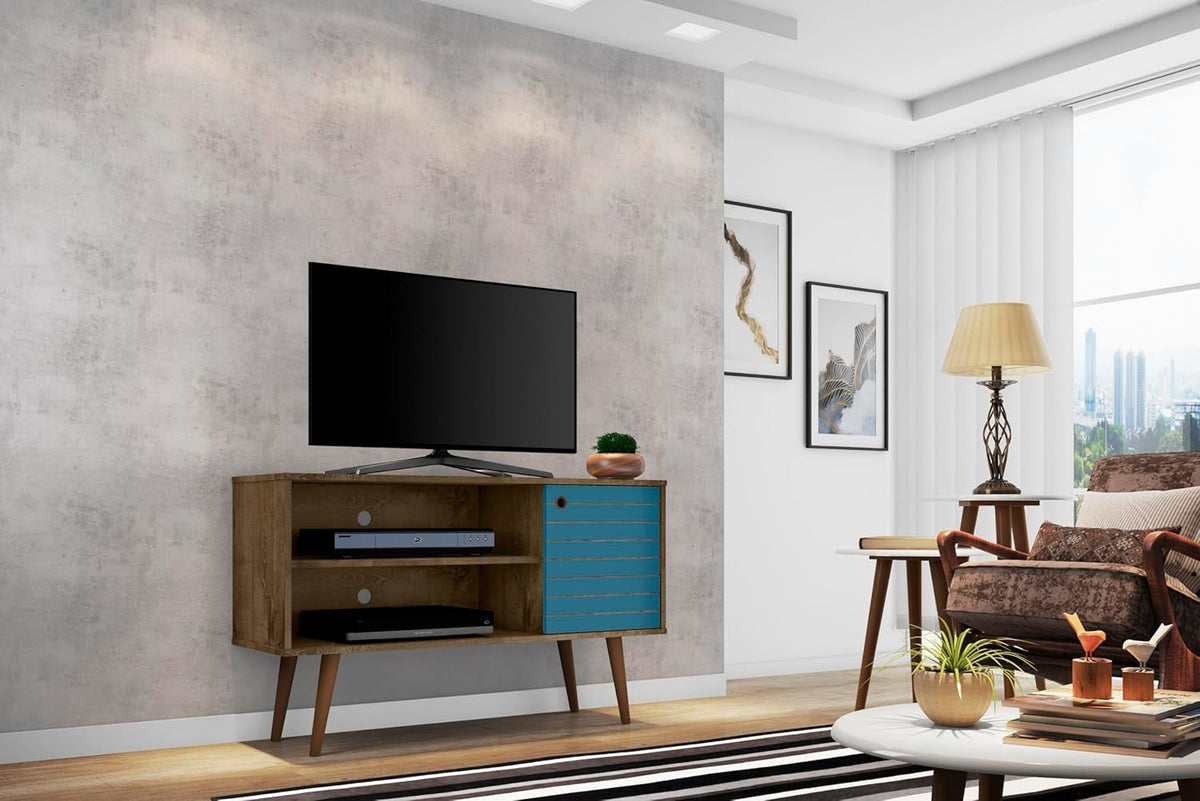 Manhattan Comfort Liberty Mid Century Modern TV Stand for Televisions up to 46 Inches, Bedroom and Living Room Entertainment Center with Storage, Shelves, and Cabinet, 43" Wide, Rustic Brown/Aqua
