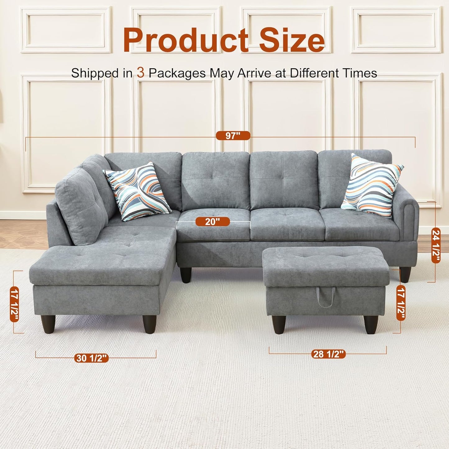 Osparple L Shaped Couch Sectional Couches for Living Room Upholstered Fluffy Fabric 3 Pieces Modular Sectional Sofa with Chaise, Ottoman with Storage for Living Room and Small Apartment, Dark Grey