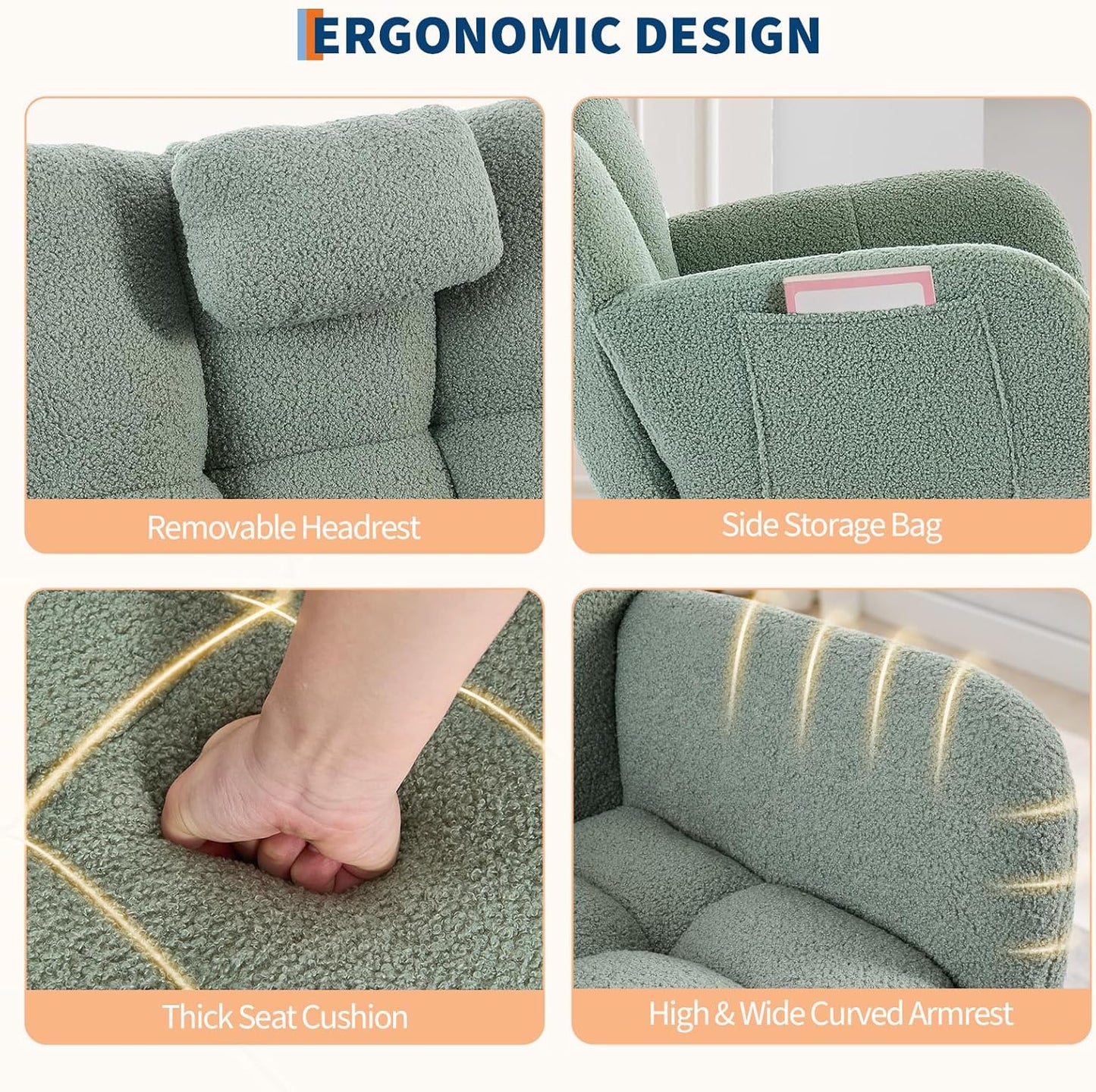 Nursery Rocking Chair,300Lb Glider Chair with Wood Legs/Two Side Pockets,Teddy Upholstered Glider Rocker with Padded Seat High Backrest for Living Room/Bedroom/Nursery