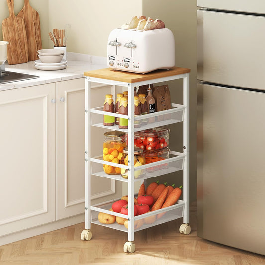 Hoctieon Rolling Storage Cart, 4-Tier Wide Panel Rolling Kitchen Storage Cart, Utility Cart with Handle & Wheels, Mobile Shelving Unit, Metal Frame Narrow Cart for Home Kitchen, Laundry, Oak Beige