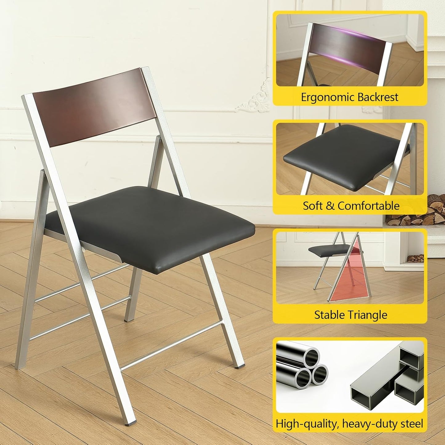 Folding Chairs with Cushion 2 Pack - Heavy Duty Steel Frame Foldable Dining Chairs, Waterproof Leather Indoor Outdoor Comfortable Folding Chairs for Home, Conference Rooms, Weddings, Events (Black)