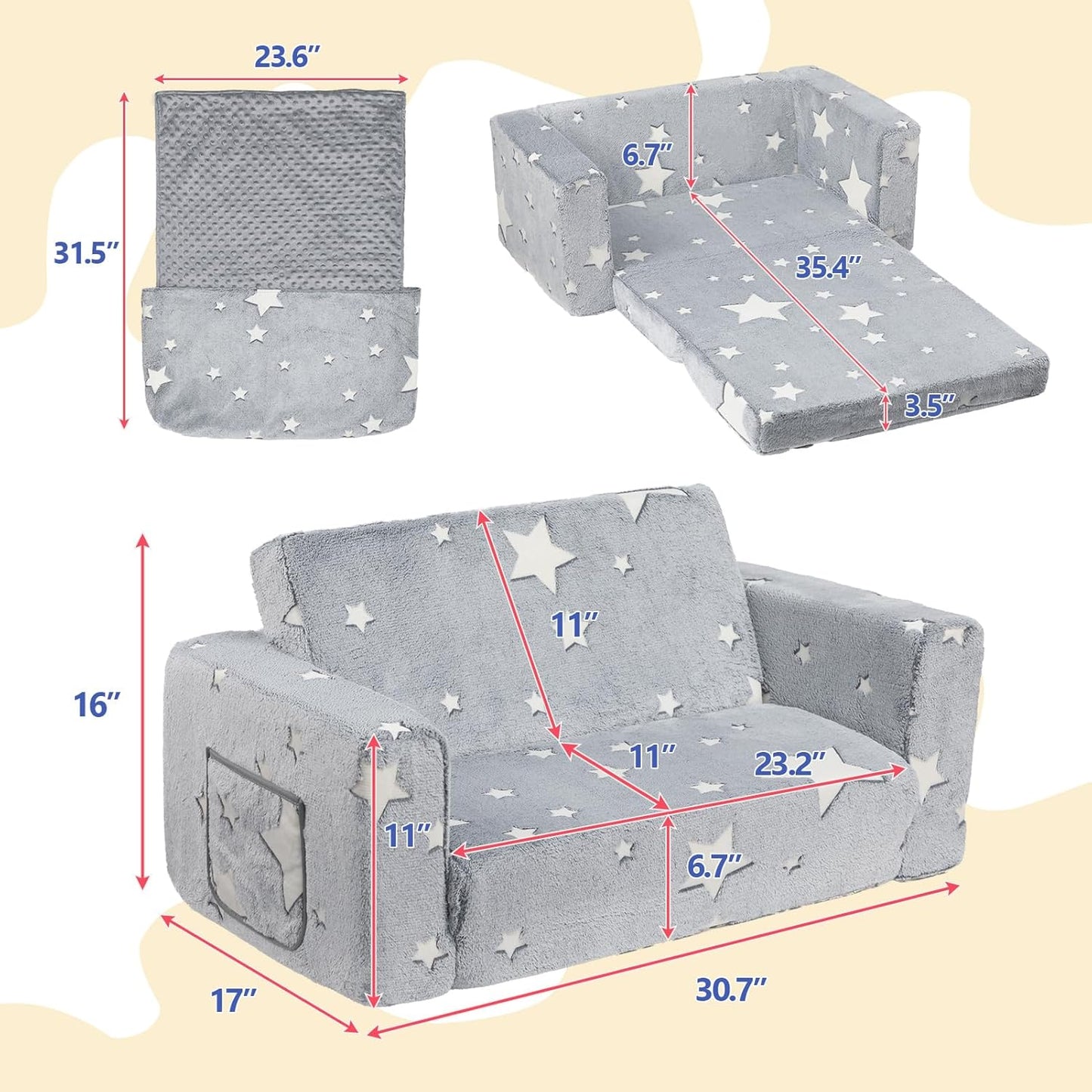 ALIMORDEN Fold Out Toddler Couch, Extra Wide Comfy 2-in-1 Cuddly Sherpa Sofa for Kids, with Removable Baby Friendly Blanket, Convertible Sofa to Bed, Star