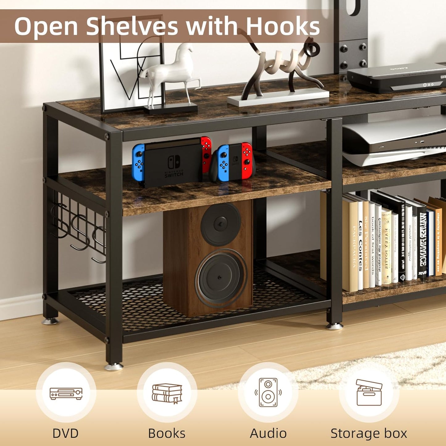 VECELO 71" TV Stand with Mount and Power Outlets, Entertainment Center with Open Storage Shelves, Height Adjustable Mount up to 80”, Wooden Table and Metal Frame for Living Room, Rustic Brown