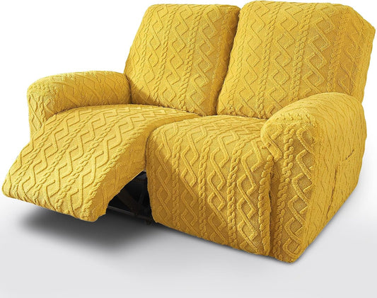 vctops 6 Pieces Geometric Jacquard Plush Recliner Loveseat Slipcovers Soft Fuzzy Fluffy Sofa Couch Cover Anti-Slip Furniture Protector with Elastic Bottom for Kids Cats Dogs(Yellow,2 Seat)