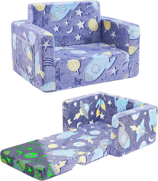 Toddler Couch,Toddler Chair,2-in-1 Baby Seat Furniture Fold Out, Convertible Sofa to Lounger Comfy Glow in The Dark Sofa Bed,Gifts for Kids Girl Boys,Rocket,Medium