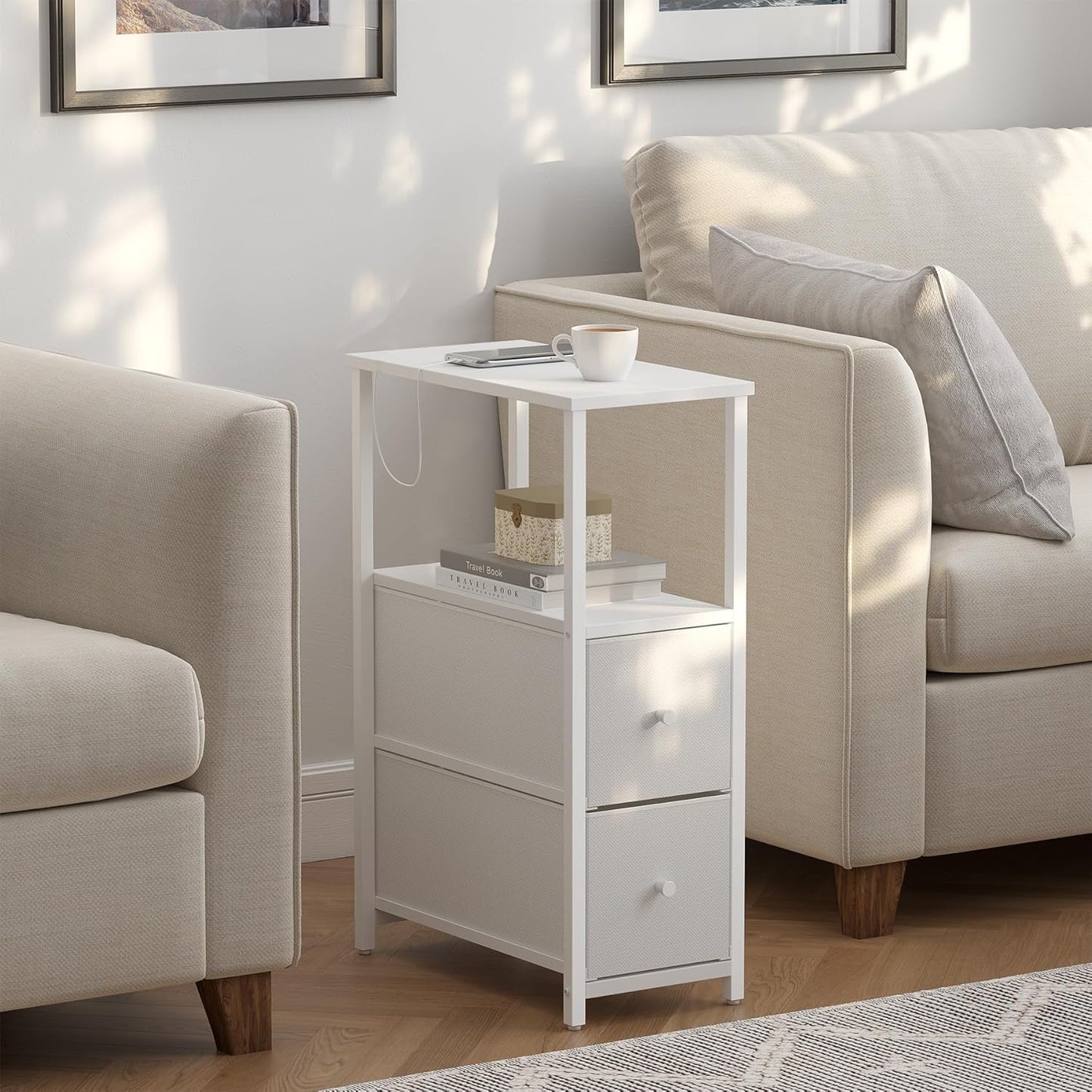 TUTOTAK Small Narrow End Table, Set of 2, Side Table, Nightstand with 2 Cloth Drawers, Couch Table, for Living Room, Bedroom, Bedside, White TB01BW054