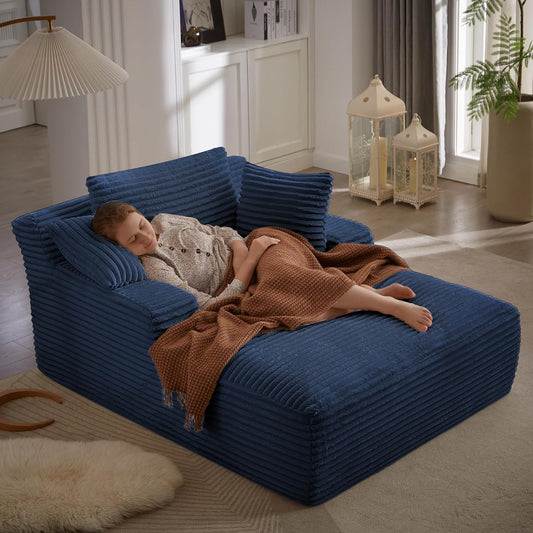 Oversized Chaise Daybed Lounge Sleeper Chair Sofa Full Foam Cloud Chaise Sofabed for Living Room,Luxury Plush Corduroy Upholstered Sleeper Couch Extra Wide Chair Bed W/3 Pillows for Home/Apartment