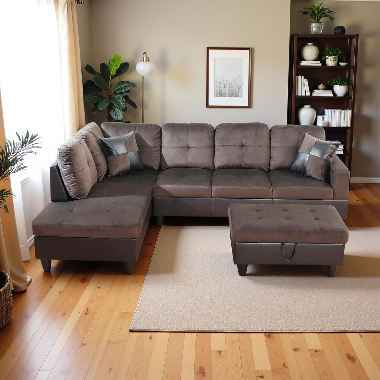 Osparple L Shaped Couch Sectional Couches for Living Room Upholstered Flannel 3 Pieces Modular Sectional Sofa with Chaise, Ottoman with Storage for Living Room and Small Apartment, Deep Brown