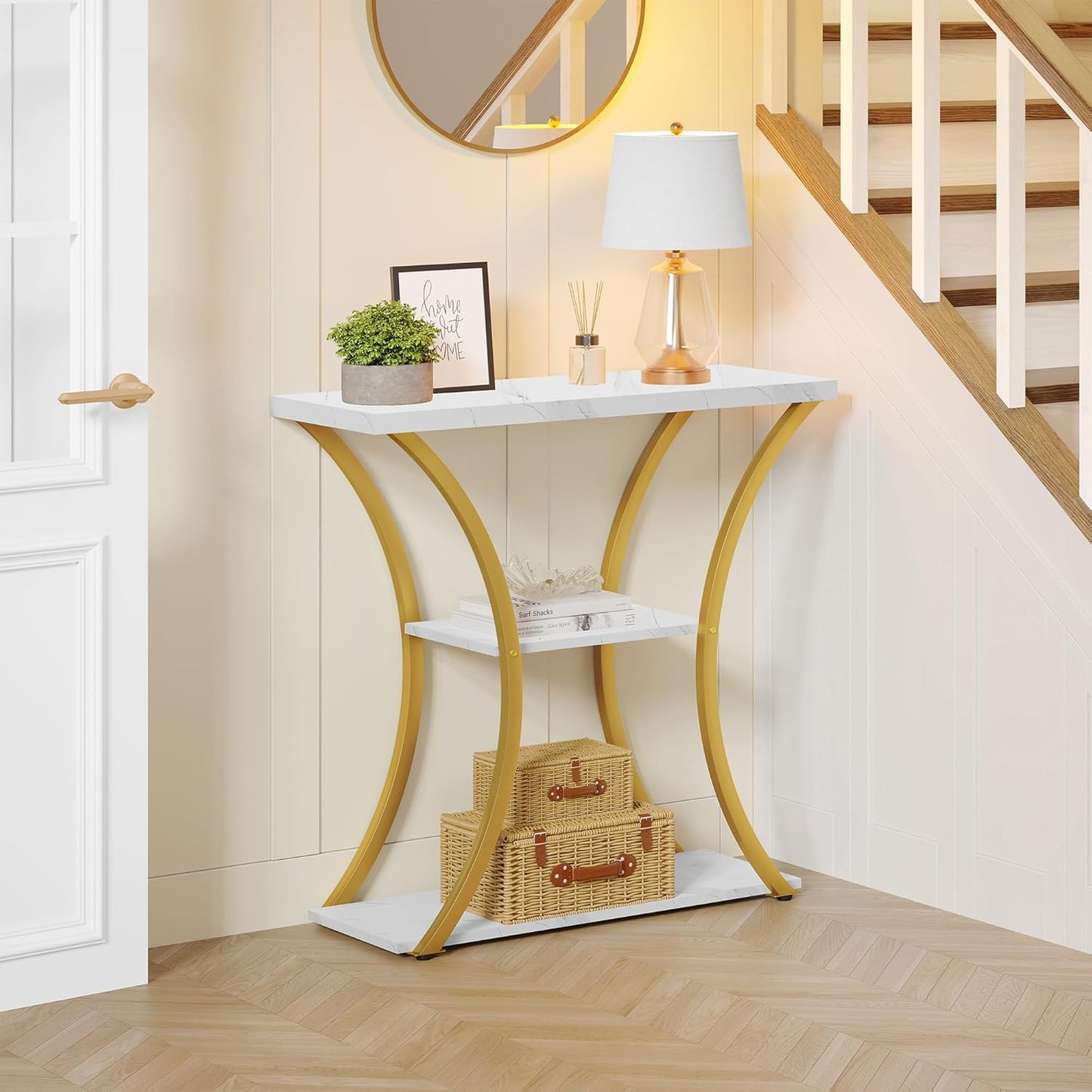 Hoctieon 3 Tier Console Table with Open Wood Shelves, Decorative Entryway Table with Curved Metal Frames, Narrow Sofa Table for Entrance, Living Room, Hallway, Gold and White Marbled