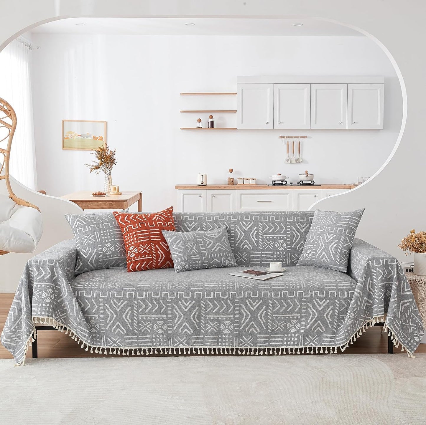 HANDONTIME Bohemian Grey and White Couch Cover for Dogs Aztec Tribal Sofa Covers 3 Cushion Aesthetic Tassel Slipcover Seat Universal Loverseat Futon Cover, 71/'' X118/'', Tassel 2:grey/White