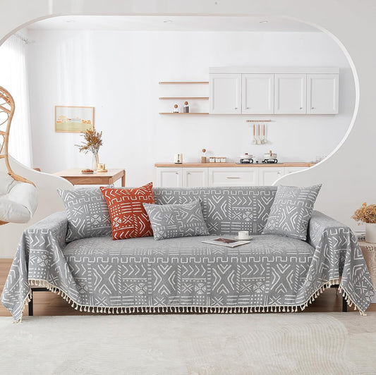 HANDONTIME Bohemian Grey and White Couch Cover for Dogs Aztec Tribal Sofa Covers 3 Cushion Aesthetic Tassel Slipcover Seat Universal Loverseat Futon Cover, 71/'' X118/'', Tassel 2:grey/White