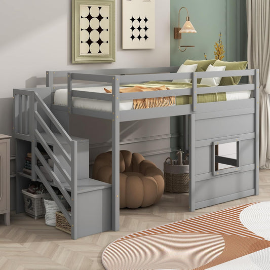 Twin Size Loft Bed with Storage Staircase and Window,Wood Twin Loft Bunk Bedframe with Full-Length Guardrail and Sturdy Slat Support, No Noise,No Box Spring Needed,for Kids,Teens,Boys,Girls,Gray