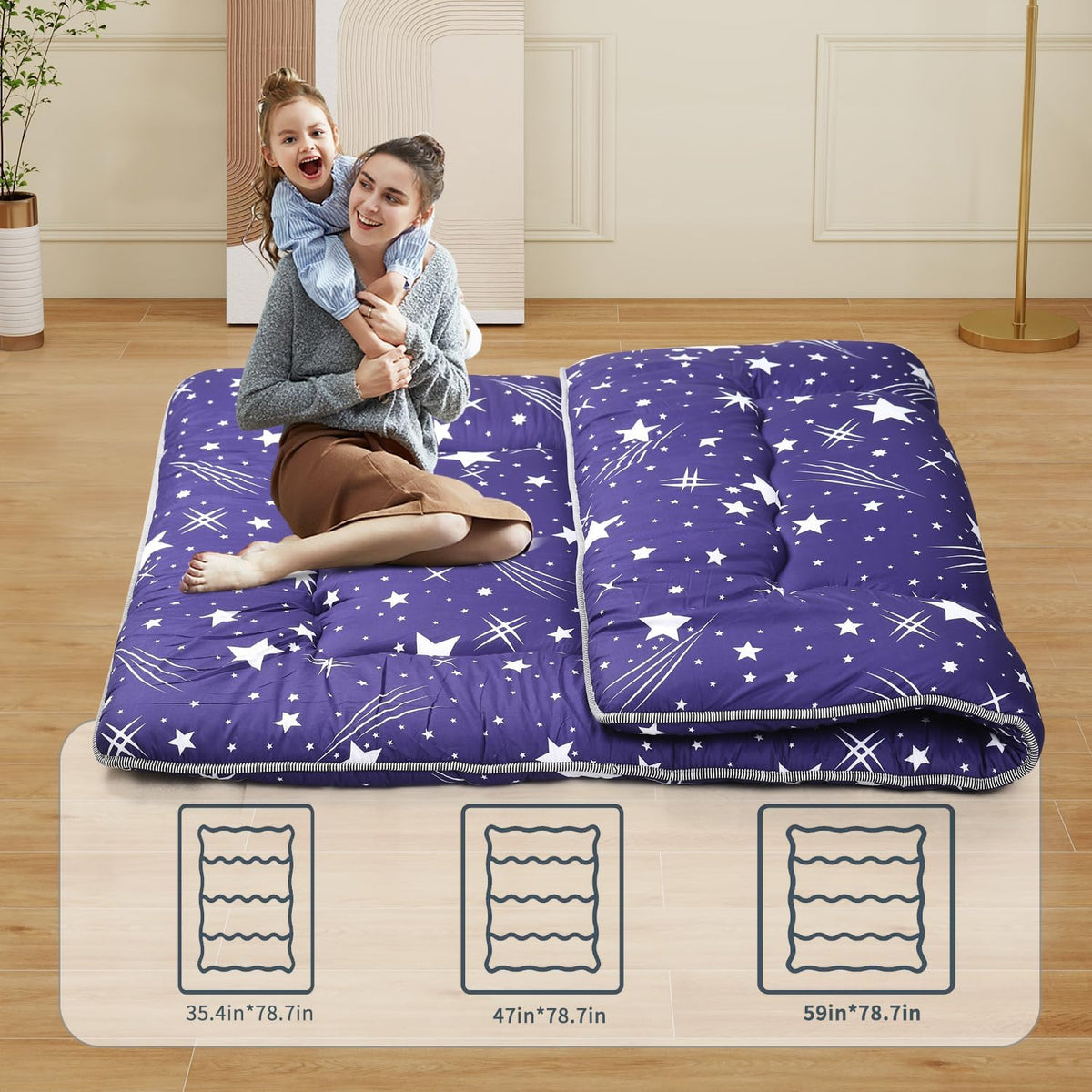Japanese Floor Mattress,Roll Up Memory Foam Tatami Mat Easy to Store and Portable,Futon Mattress Suitable for Camping and Guest Room (Blue, Queen (80" X 60"))