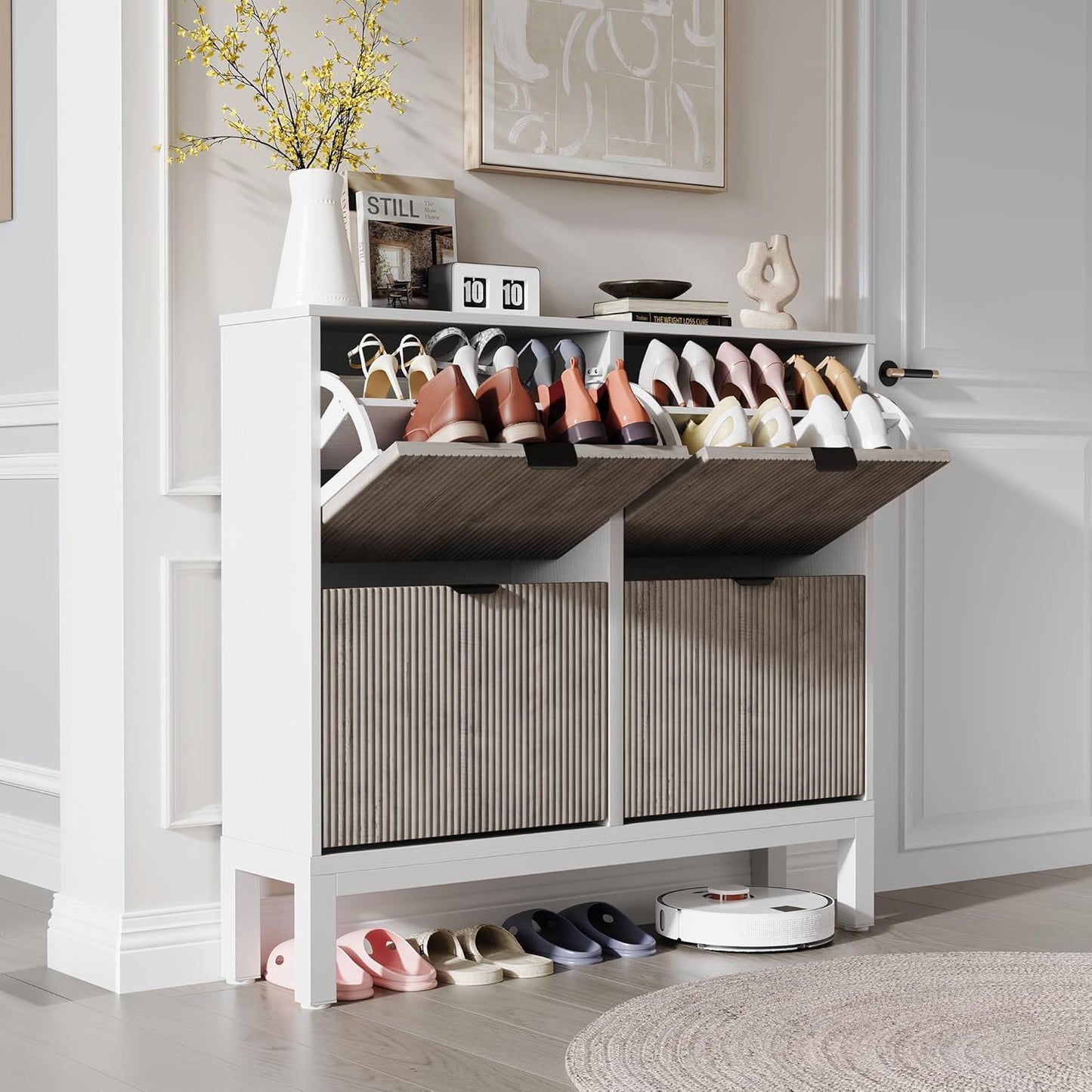GarveeHome Fluted Shoe Storage Cabinet with 4 Flip Drawers, Narrow Wooden Shoe Organizer with Metal Legs, Modern Farmhouse Hidden Shoe Rack for Entryway, Hallway, White+Gray