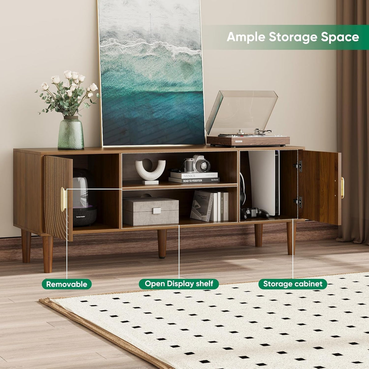 47" TV Stand for TVs up to 55 Inch, Entertainment Center with Storage and Adjustable Shelves, Modern Media Console for Living Room, Walnut